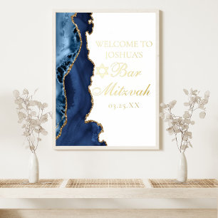 Elegant Navy Blue Agate Bar Mitzvah Party Gold Folie Afdrukken