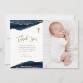 Elegant Navy Blue Agate met foto | Baptisme Bedankkaart (Voorkant)