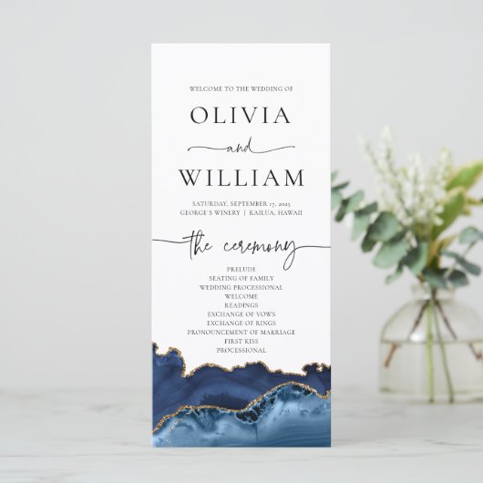 Elegant Navy Blue and Gold Agate Wedding Programme Menu (Staand voorkant)
