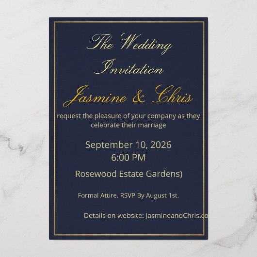 Elegant Navy Blue and Gold Foil Wedding Invitation (Recto)