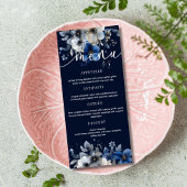 Elegant Navy Blue and Silver Floral Wedding Menu