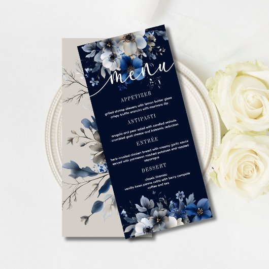 Elegant Navy Blue and Silver Floral Wedding Menu
