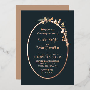 Elegant Navy Blue Beige Wildflower Floral Folie Uitnodiging