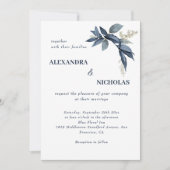 Elegant Navy Blue Bladeren Botanische bruiloft Kaart (Voorkant)