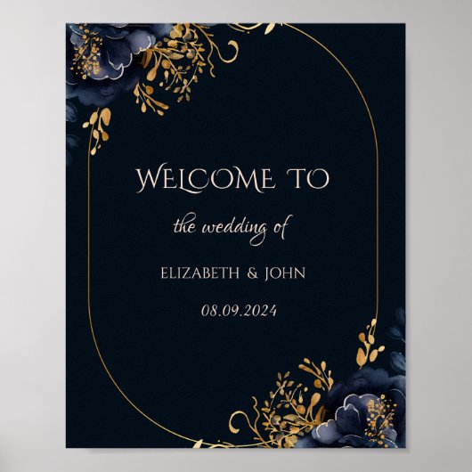 Elegant Navy Blue Bloemen Bruiloft Poster (Voorkant)