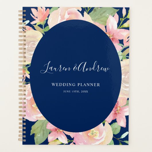 Elegant Navy Blue Blush Bloemen Lijst Bruiloft Planner (Voorkant)