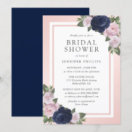 Elegant Navy Blue Blush Pink Floral Vrijgezellenfe Kaart