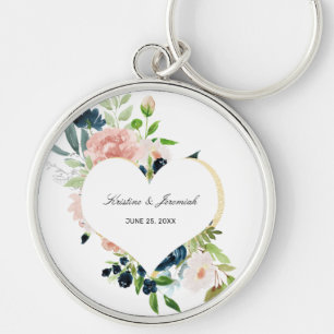 Elegant Navy Blue Blush Roos Floral Heart Wedding Sleutelhanger