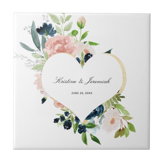 Elegant Navy Blue Blush Roos Floral Heart Wedding Tegeltje (Voorkant)