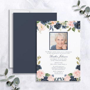 Elegant Navy Blue Blush Waterverf Floral Funeral Kaart