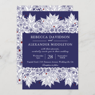Elegant Navy Blue Botanical Wedding Kaart