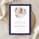 Elegant Navy Blue Bow Photo Baptism Kaart