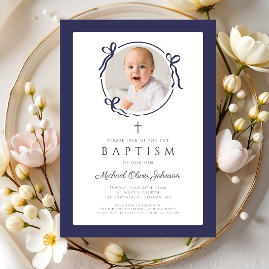 Elegant Navy Blue Bow Photo Baptism Kaart