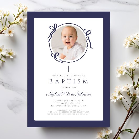 Elegant Navy Blue Bow Photo Baptism Kaart