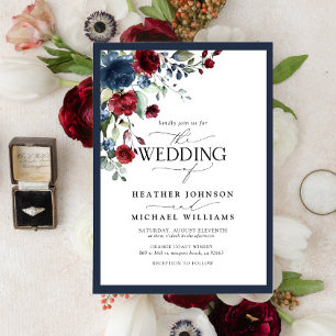 Elegant Navy Blue Burgundy Floral Waterverf Foto Kaart