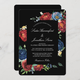 Elegant Navy Blue Burgundy Red Floral Wedding Kaart