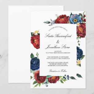 Elegant Navy Blue Burgundy Red Floral Wedding Kaart