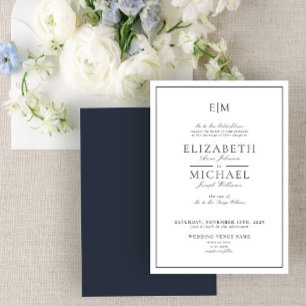 Elegant Navy Blue Classic Script Monogram Weddensc Kaart