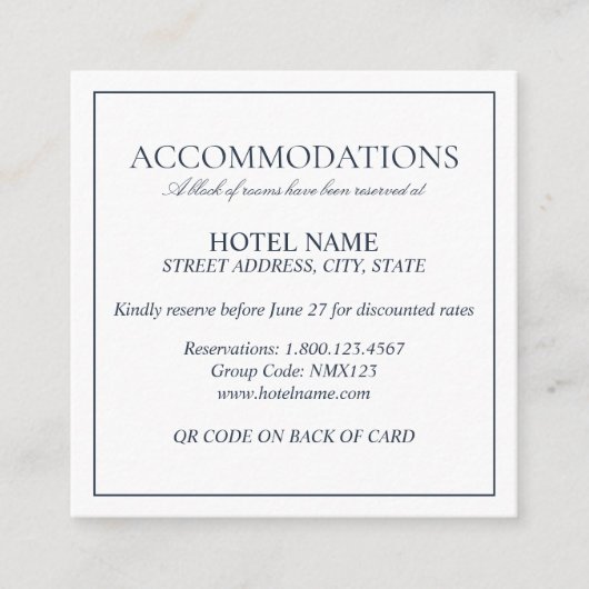 Elegant Navy Blue Classic Script QR Code Weddensch Informatiekaartje (Voorkant)