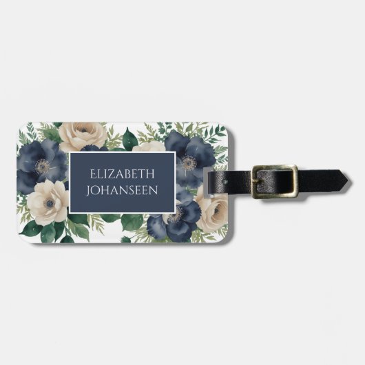 Elegant Navy Blue & Cream Bloemen Waterverf Reizen Bagagelabel (Voorkant horizontaal)