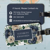 Elegant Navy Blue & Cream Bloemen Waterverf Reizen Bagagelabel