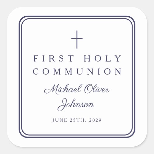 Elegant Navy Blue Cross Boy First Communion  Vierkante Sticker (Voorkant)
