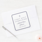 Elegant Navy Blue Cross Boy First Communion  Vierkante Sticker (Envelop)