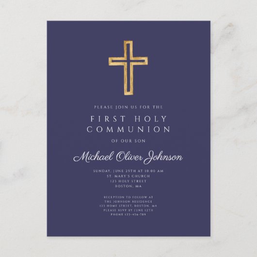 Elegant Navy Blue Cross Boy First Community Briefkaart (Voorkant)