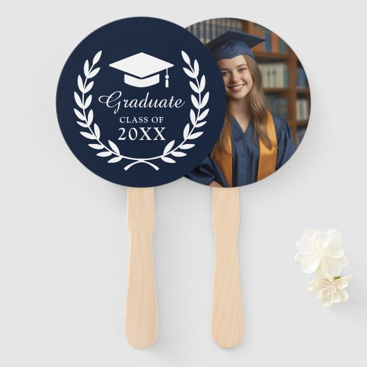 Elegant Navy Blue Custom Afstudeerder Jaar Laurel  Handwaaier (Voorkant en achterkant)