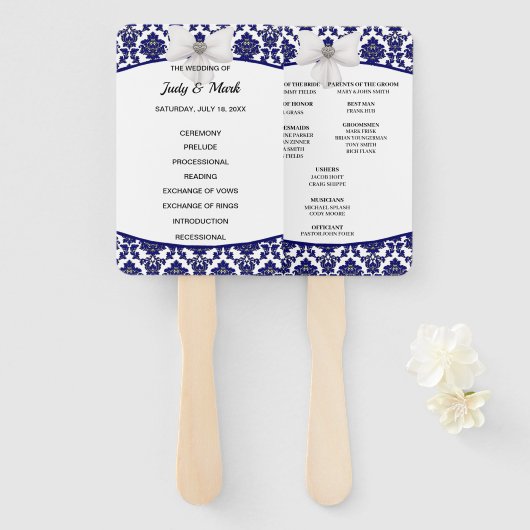 Elegant Navy Blue Damask Wedding Program Handwaaier (Voorkant en achterkant)
