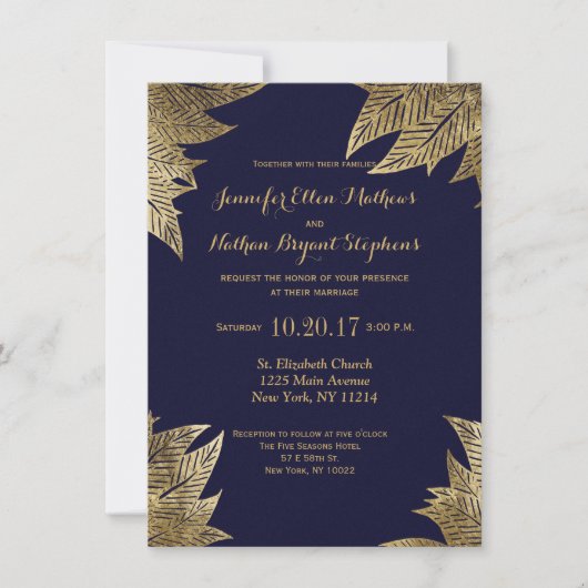 Elegant Navy Blue en Gold Faux Drawn Leaf Pattern Kaart (Voorkant)