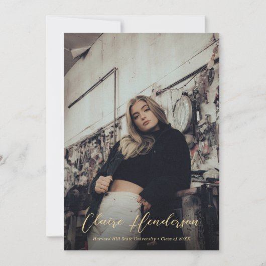 Elegant Navy Blue en Gold Photo Afstuderen Aankondiging (Voorkant)