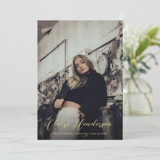 Elegant Navy Blue en Gold Photo Afstuderen Aankondiging (Staand voorkant)