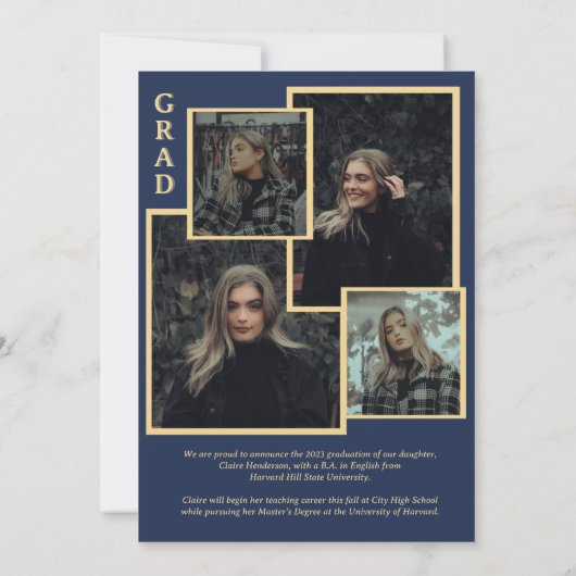 Elegant Navy Blue en Gold Photo Afstuderen Aankondiging (Achterkant)