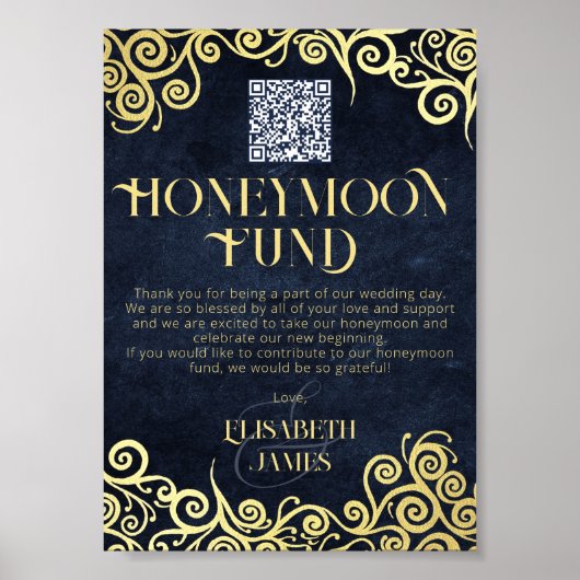 Elegant Navy Blue en Gold QR Code Honeymoon Fund Poster (Voorkant)