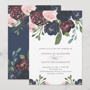 Elegant Navy Blue en Plum Floral   Bruiloft Kaart