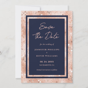Elegant Navy Blue en Roos Gold Glitter Wedding Save The Date
