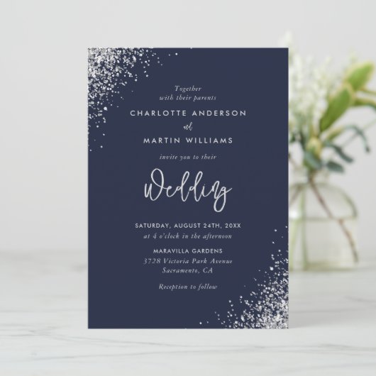 Elegant Navy Blue en Silver Glitter Wedding Kaart (Staand voorkant)