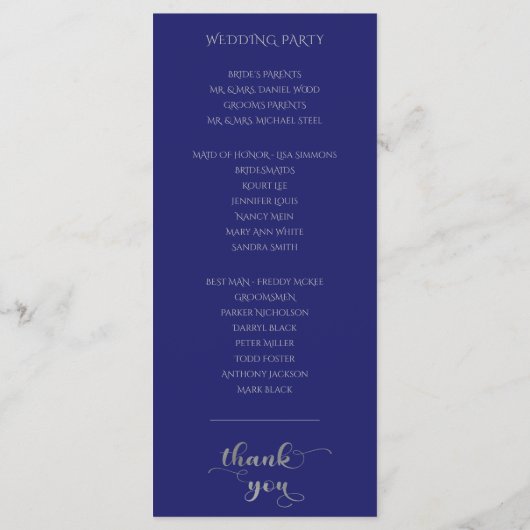 Elegant Navy Blue en Silver Wedding Programma (Achterkant)