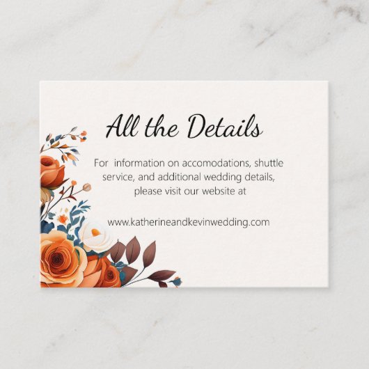 Elegant Navy Blue en Sinaasappel bruiloft Informatiekaartje (Voorkant)