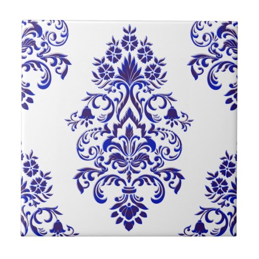 Elegant Navy Blue en White Damask Pattern Tegeltje (Voorkant)