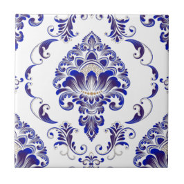 Elegant Navy Blue en White Damask Pattern Tegeltje