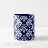 Elegant Navy Blue en White Damask Pattern Tweekleurige Koffiemok (Center)