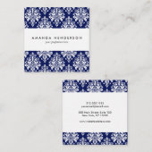 Elegant Navy Blue en White Damask Pattern Vierkante Visitekaartje (Voorkant / Achterkant)