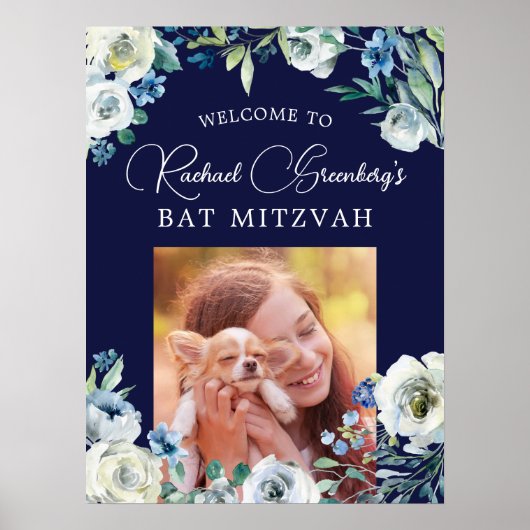 Elegant Navy Blue Floral Bat Mitzvah Welkom Poster (Voorkant)