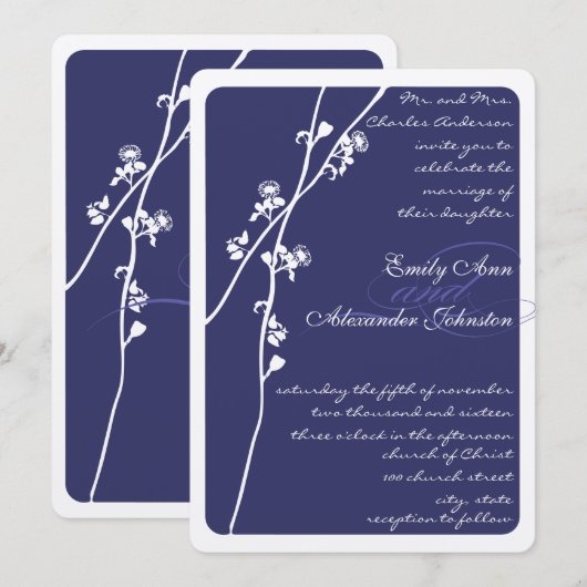 Elegant Navy Blue Floral Branch Wedding Kaart (Voorkant / Achterkant)
