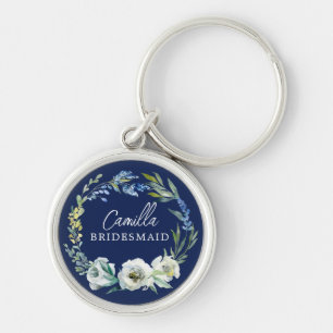 Elegant Navy Blue Floral Custom Bridesmaid Gift Sleutelhanger