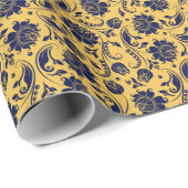 Elegant Navy Blue Floral Damascus gele achtergrond Cadeaupapier (Rol Hoek)