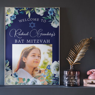 Elegant Navy Blue Floral Foto Bat Mitzvah Welkom Poster