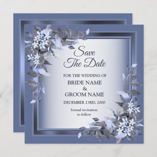 Elegant Navy Blue Floral Framed Silver Wedding Save The Date (Voorkant / Achterkant)